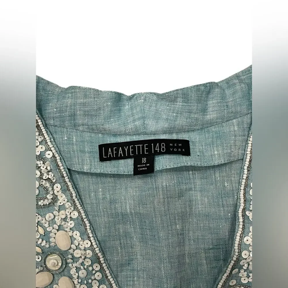 Lafayette 148 Womens Blue White beaded Long sleeve blouse size 18 - Picture 4 of 10